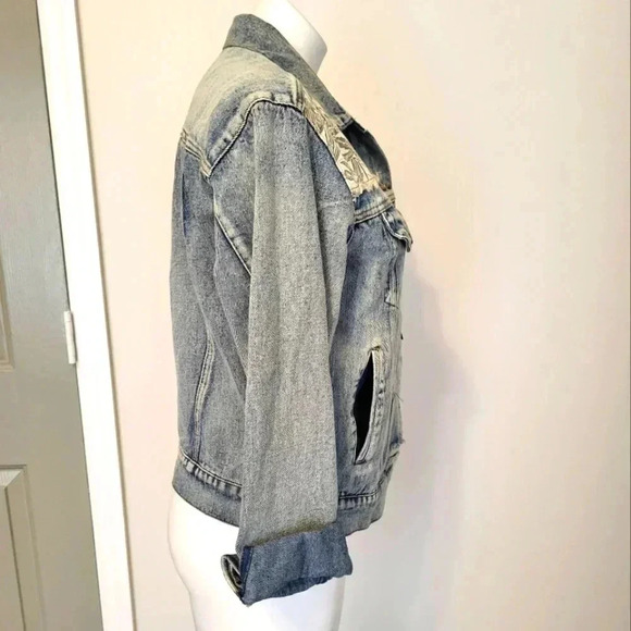 LUNIK Floral Distressed/ Destroyed 90's Denim Jean Jacket(Large) - Picture 4 of 11